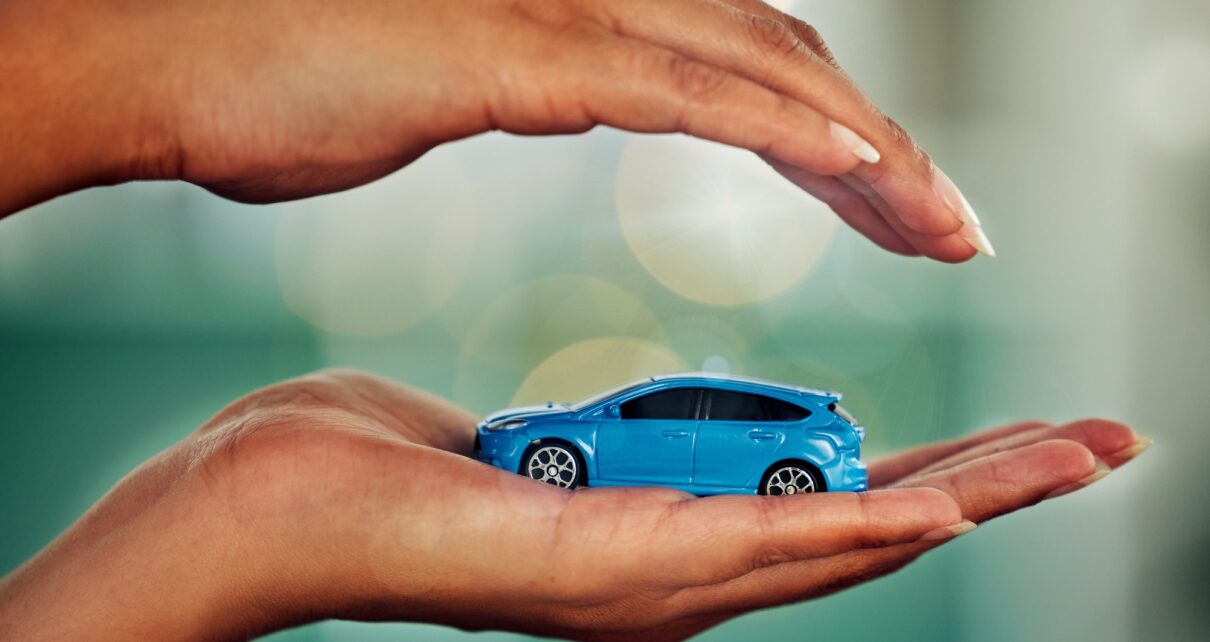 Car, insurance and hands for transport mockup, investment or loan with bokeh background. Invest, tr