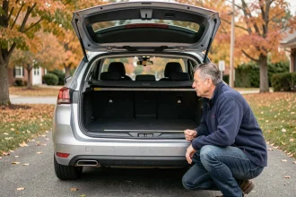Vue arrière du coffre ouvert d'une Peugeot 308 SW phase 2 avec volume mesuré par un homme en driveway