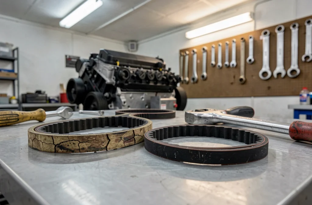 Comparaison entre une ancienne courroie de distribution usée et une nouvelle courroie de remplacement sur un établi de garage