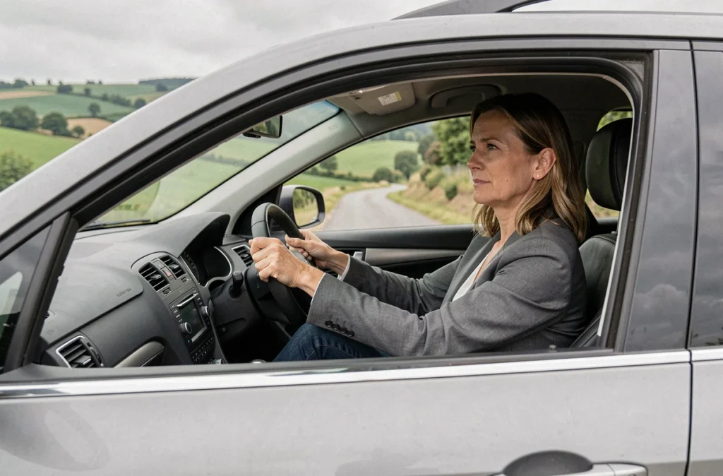 Conductrice au volant d'une berline sur route de campagne illustrant les limites de puissance moteur