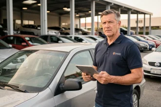Conseiller Transakauto évaluant une voiture d'occasion lors d'une reprise de véhicule