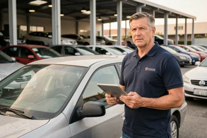 Conseiller Transakauto évaluant une voiture d'occasion lors d'une reprise de véhicule