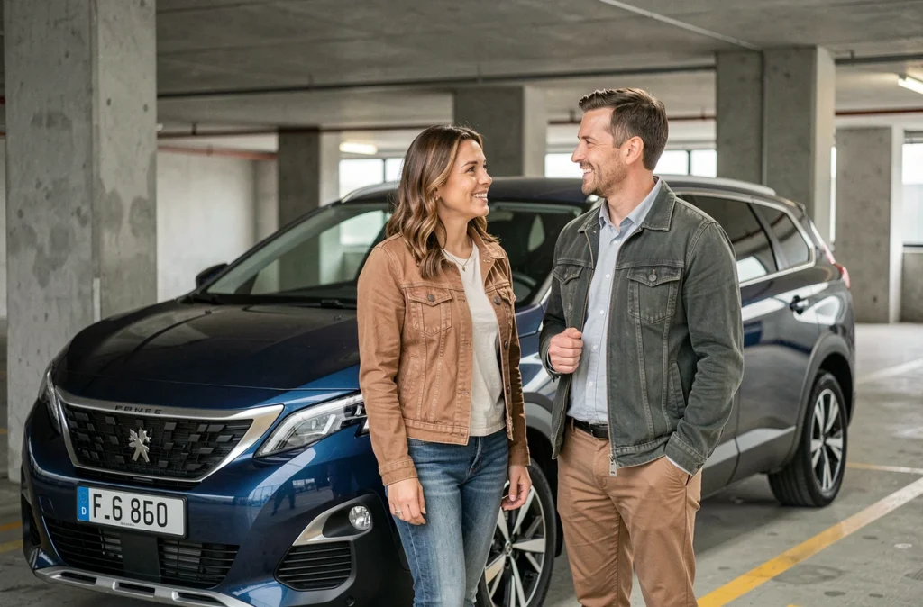 Couple de la quarantaine en tenue décontractée chic à côté d'une Peugeot 5008 bleu foncé dans un parking moderne