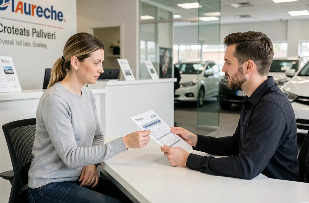 Cliente discutant des facilités de paiement pour la réparation de courroie de distribution avec un conseiller en concession automobile