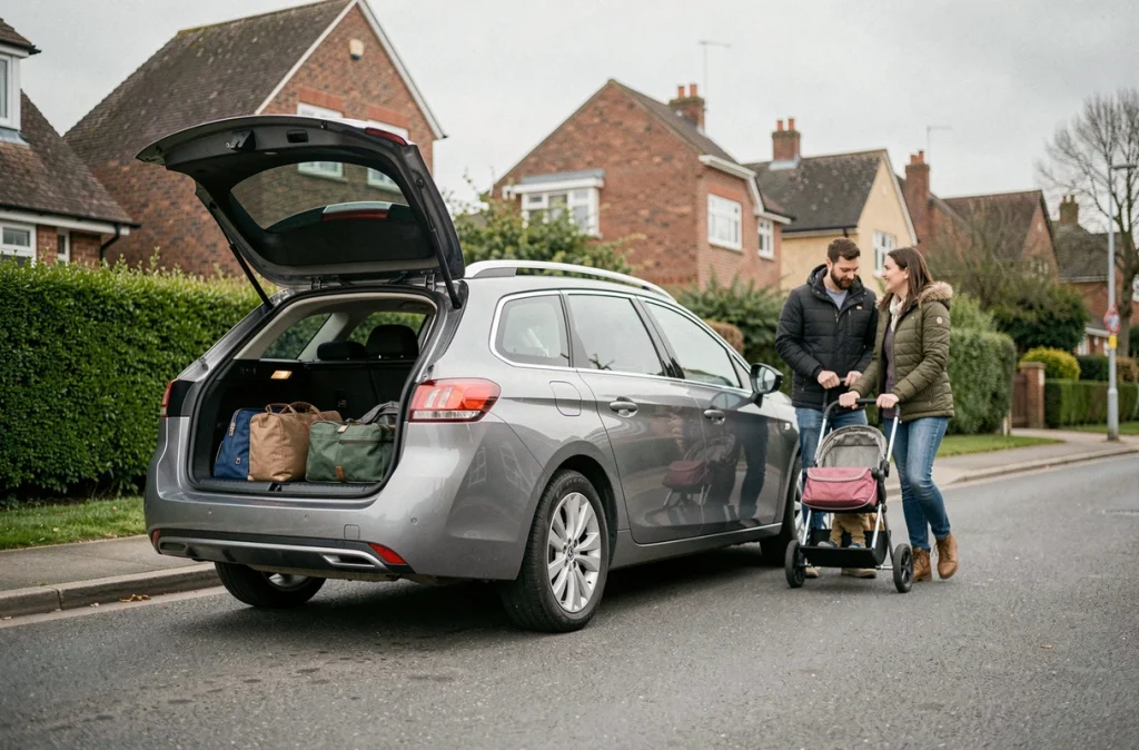 Famille déchargeant le coffre d'une Peugeot 308 SW phase 2 dans une rue résidentielle