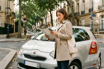 Femme consultant une carte et son smartphone à côté de sa voiture garée dans une rue résidentielle près de Versailles