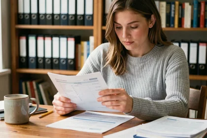 Jeune femme révisant les 100 questions du permis de conduire sur des documents imprimés à son bureau