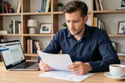 Homme consultant des documents administratifs pour contester son permis de conduire à son bureau