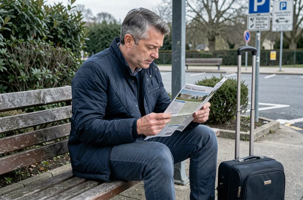 Homme consultant un plan touristique de Versailles assis à un arrêt de bus proche d'un parking gratuit
