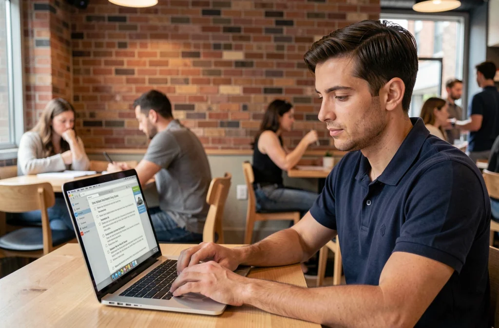 Homme consultant un PDF interactif des questions du permis de conduire sur ordinateur portable dans un café