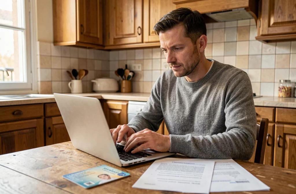 Homme utilisant un service en ligne pour contester la suspension de son permis de conduire depuis chez lui