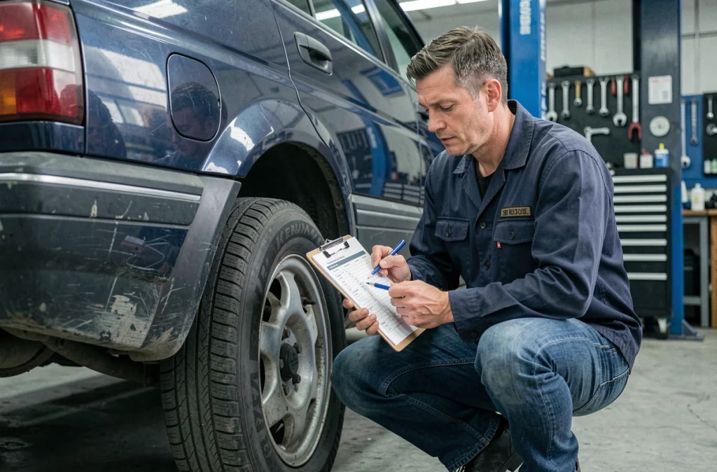 Mécanicien inspectant l'état d'un SUV lors d'une expertise pour reprise automobile
