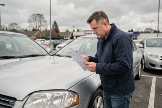 Homme inspectant une voiture d'occasion avec un rapport d'historique de véhicule en main dans un parking de concessionnaire