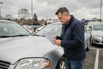 Homme inspectant une voiture d'occasion avec un rapport d'historique de véhicule en main dans un parking de concessionnaire