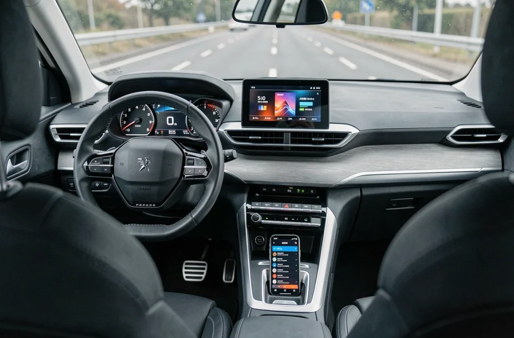 Intérieur de la Peugeot 5008 avec tableau de bord numérique et interface musicale affichée sur l'écran central