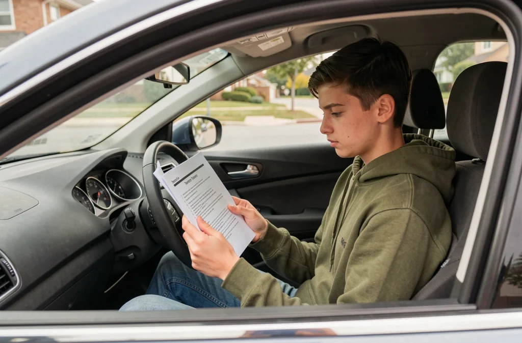 Jeune candidat au permis de conduire étudiant les questions théoriques dans une voiture garée