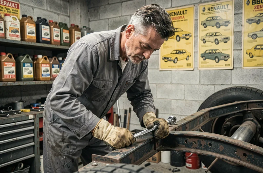 Mécanicien travaillant sur le châssis arrière d'une Renault 8 soulevée dans un atelier de garage français vintage, ambiance authentique d'époque
