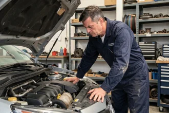 Mécanicien inspectant le moteur d'une voiture compacte pour évaluer la puissance en chevaux