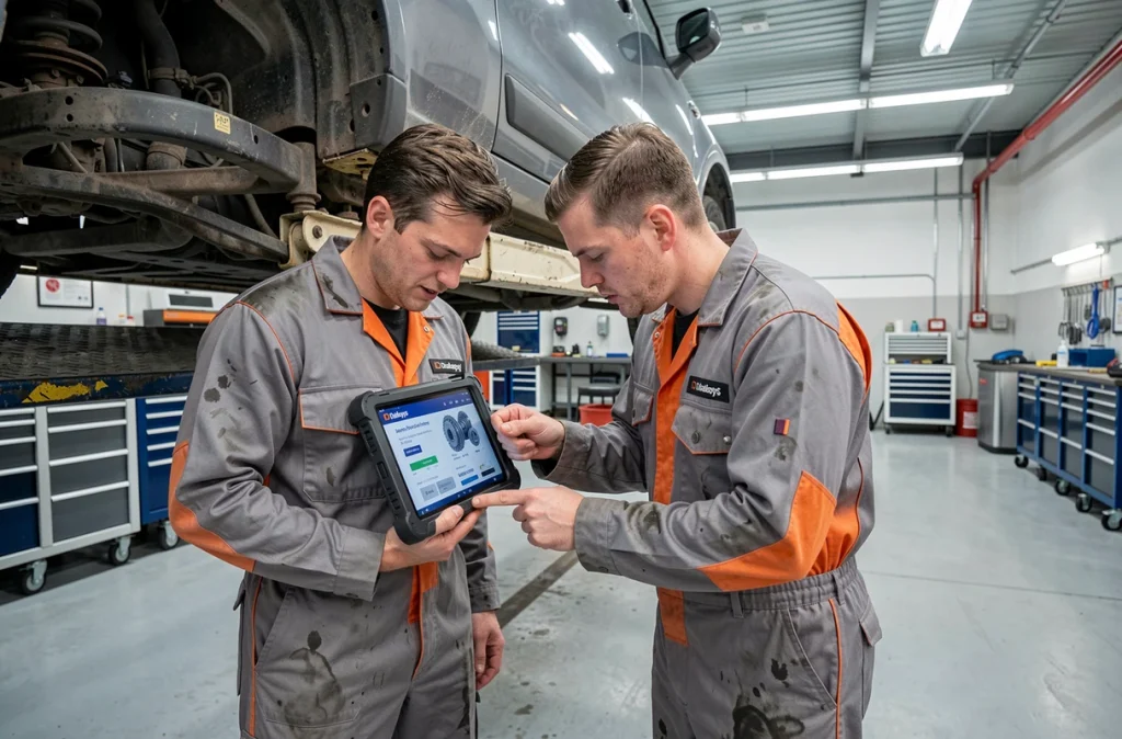 Deux mécaniciens collaborant avec une tablette Dialogys près d'un véhicule sur pont élévateur dans un atelier automobile moderne