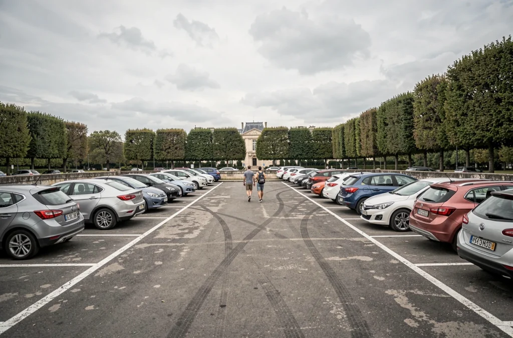 Vue grand angle d'un parking public gratuit en périphérie de Versailles avec des voitures garées et le château en arrière-plan