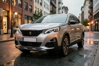 Peugeot 5008 garée en milieu urbain, vue en perspective avant trois quarts sur une rue mouillée