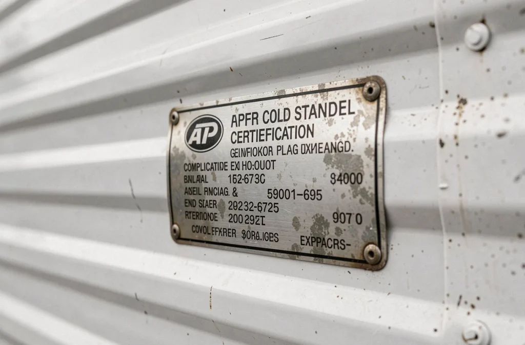 Plaque de certification ATP et étiquette de norme froid fixées sur la paroi extérieure d'une remorque frigorifique