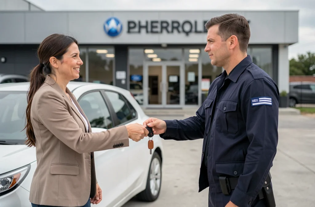 Remise des clés lors de la reprise d'un ancien véhicule chez un concessionnaire automobile
