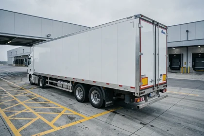 Remorque frigorifique blanche garée à quai dans un entrepôt logistique avec afficheur de température visible