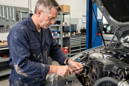 Mécanicien automobile remplaçant une courroie de distribution sur un moteur dans un atelier professionnel