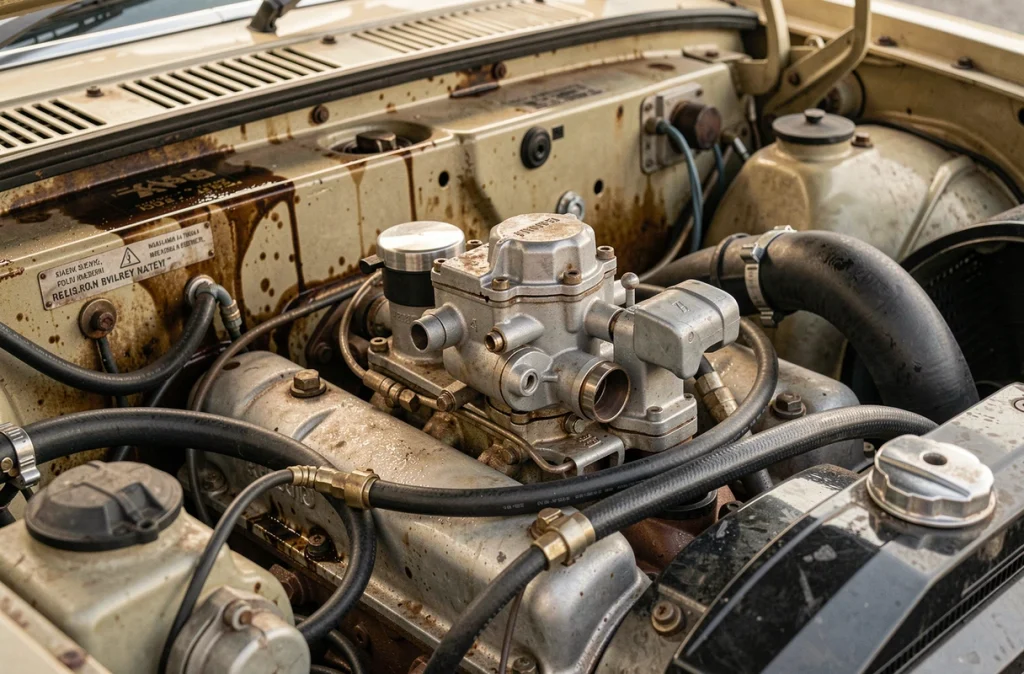 Détail du compartiment moteur arrière d'une Renault 10 classique, montrant le quatre-cylindres avec ses composants d'époque usés et authentiques