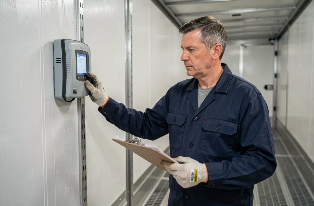 Technicien de transport inspectant le système de contrôle de température à l'intérieur d'une remorque frigorifique