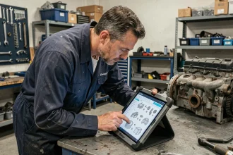 Technicien automobile utilisant une tablette industrielle avec le logiciel Dialogys dans un atelier de réparation professionnel