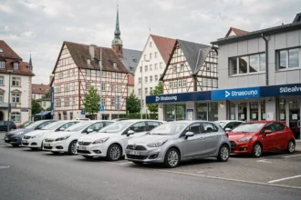 Vue panoramique d'un parking de location de voitures à Strasbourg avec l'architecture alsacienne en arrière-plan