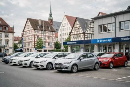 Vue panoramique d'un parking de location de voitures à Strasbourg avec l'architecture alsacienne en arrière-plan