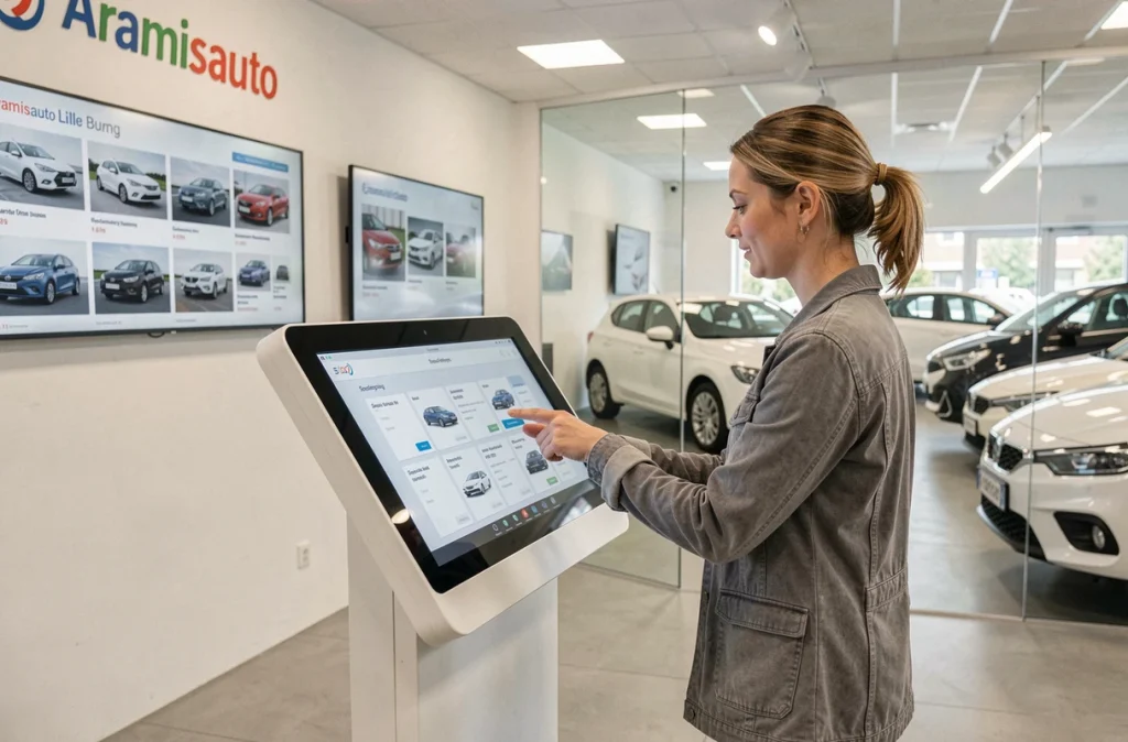 Cliente utilisant une borne numérique dans l'agence Aramisauto de Lille pour sélectionner un véhicule d'occasion