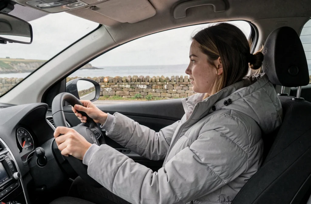 Élève conductrice d'Ariane Auto-école sur une route côtière des Côtes-d'Armor