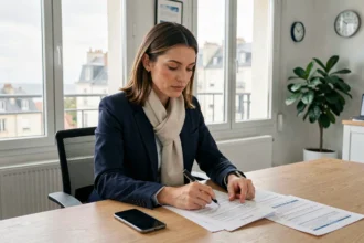 Femme consultant un devis d'assurance auto dans une agence des Sables-d'Olonne