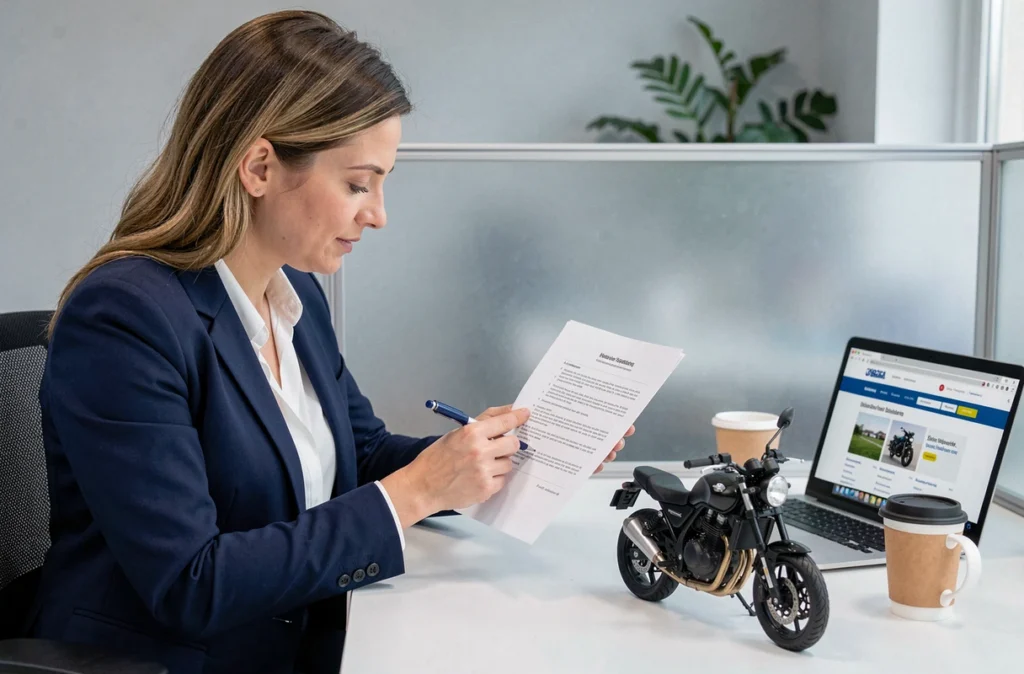 Conseillère en assurance expliquant un contrat d'assurance moto après suspension de permis
