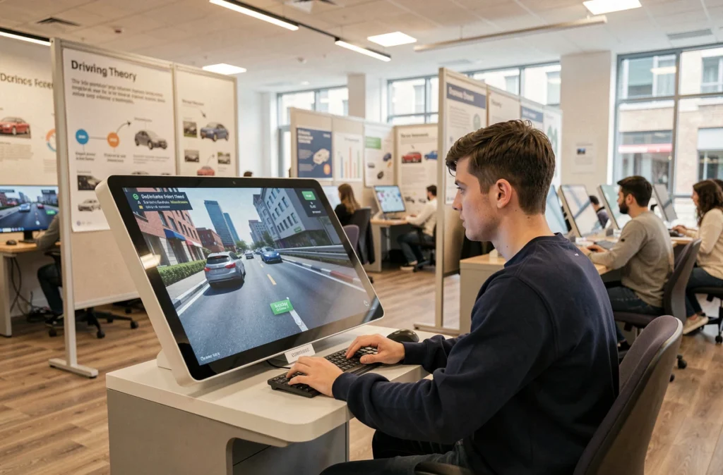 Étudiant de l'auto-école Campus utilisant un simulateur de conduite numérique dans un espace de formation moderne