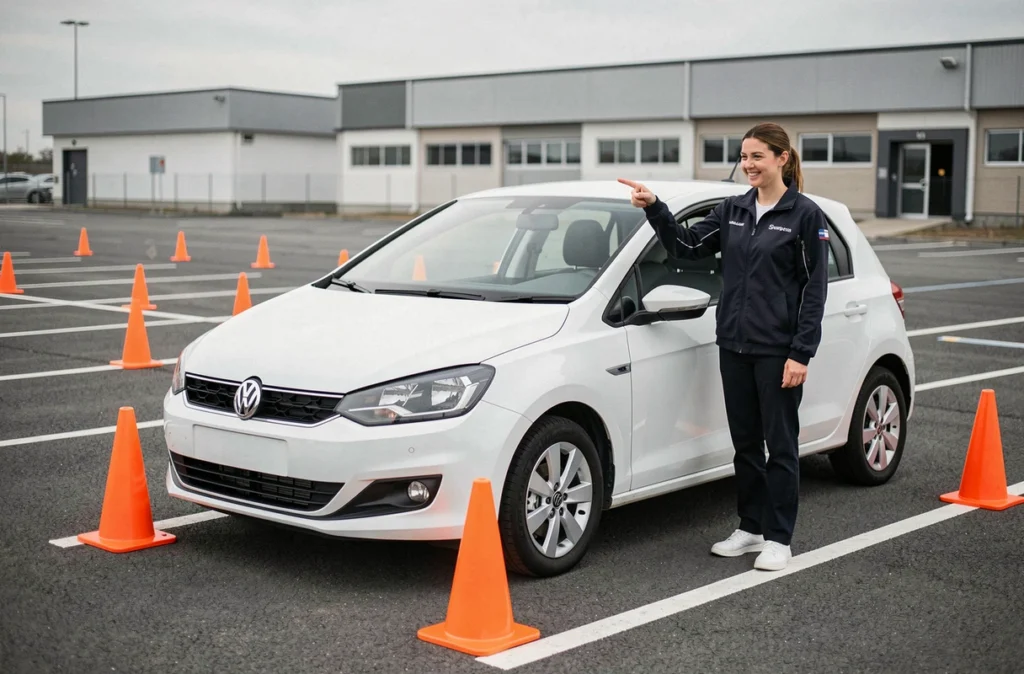 Monitrice de l'auto-école Lamballaise guidant un exercice de manœuvre dans un parking d'entraînement