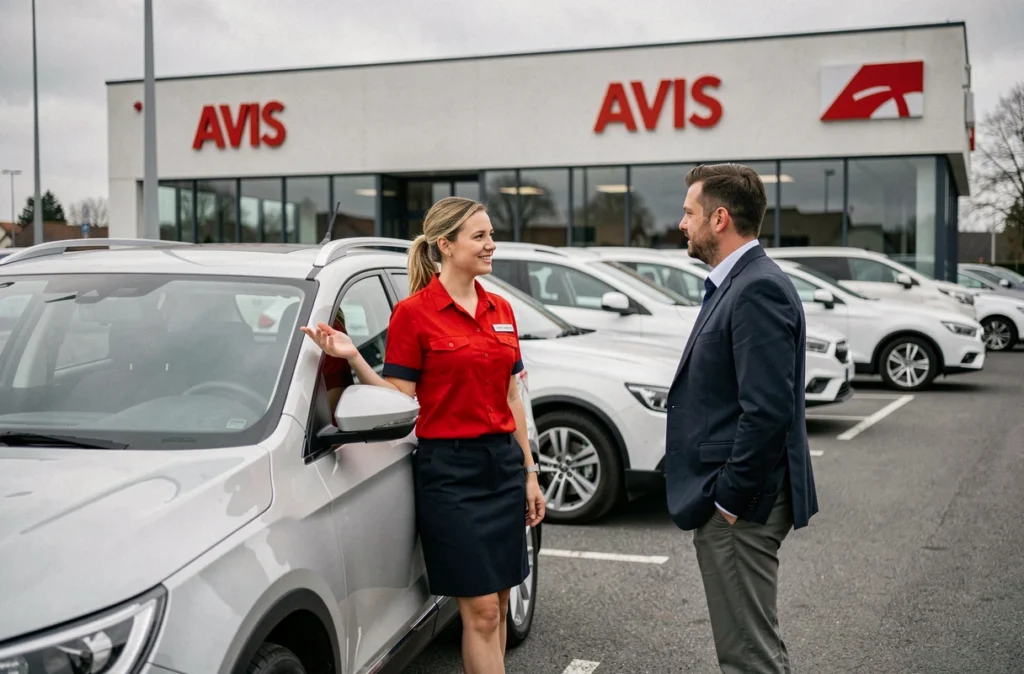 Agente Avis présentant un SUV à un client dans le parking de l'agence Avis Strasbourg