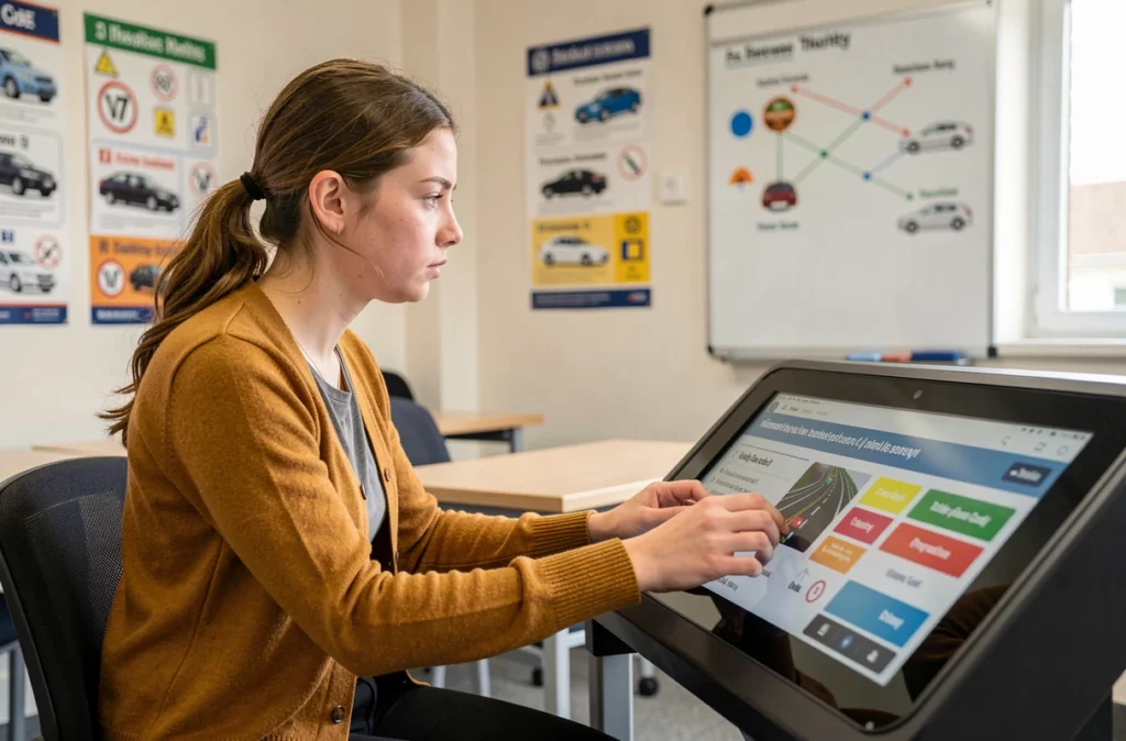 Étudiante préparant le code de la route dans la salle de cours de BBC Conduite