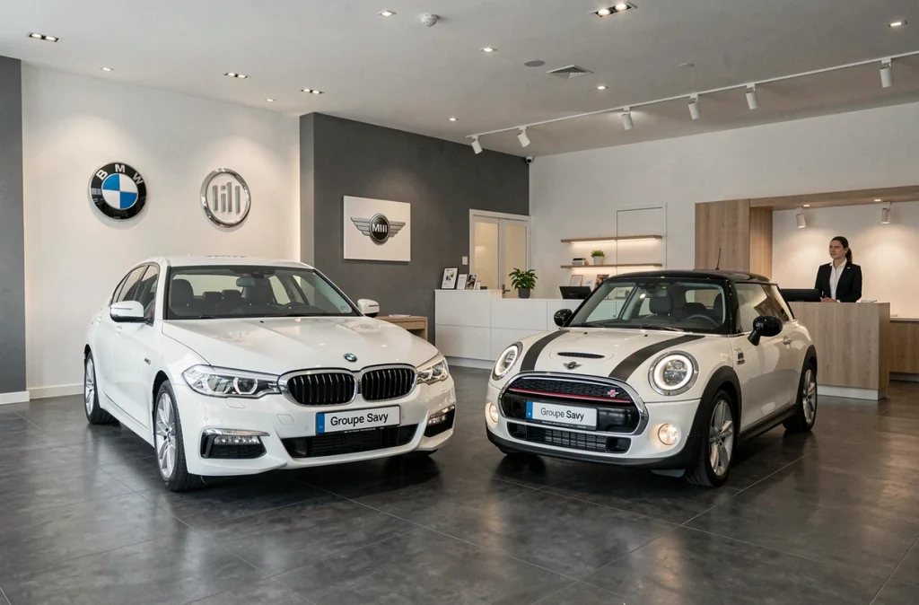 BMW Série 5 et Mini Cooper côte à côte dans le showroom premium du Groupe Savy BMW/Mini à Lille