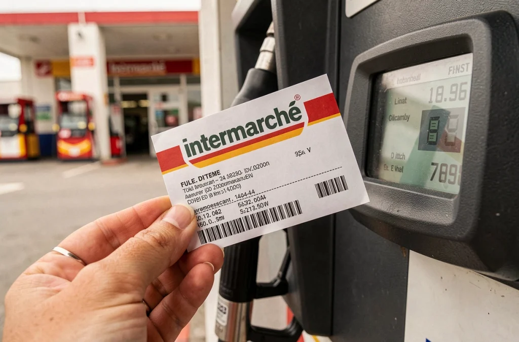 Bon de réduction carburant Intermarché tenu à la main devant un écran de pompe à essence affichant le prix au litre