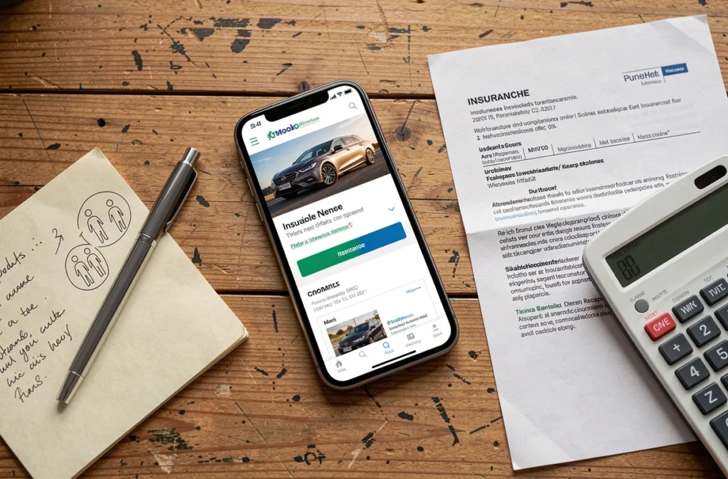 Vue de dessus d'un bureau avec comparateur d'assurance VSP sur smartphone et documents