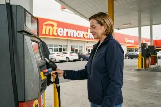 Femme utilisant sa carte de fidélité Intermarché à une pompe à essence pour bénéficier d'un tarif réduit
