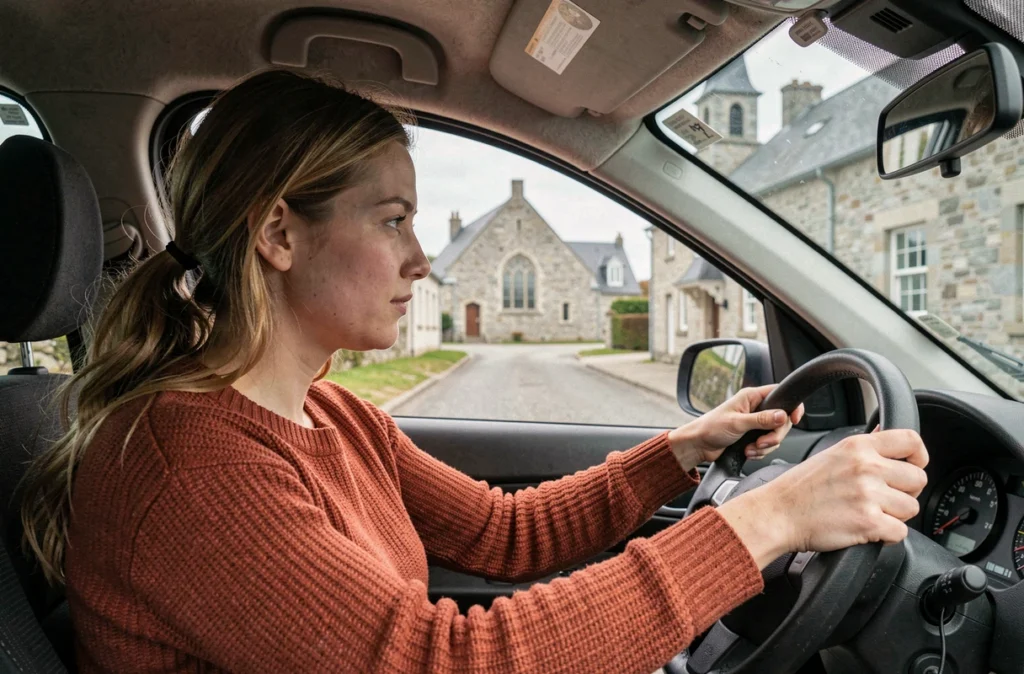 Jeune conductrice du CER Lannion au volant dans une avenue bordée d'arbres au cœur de Lannion