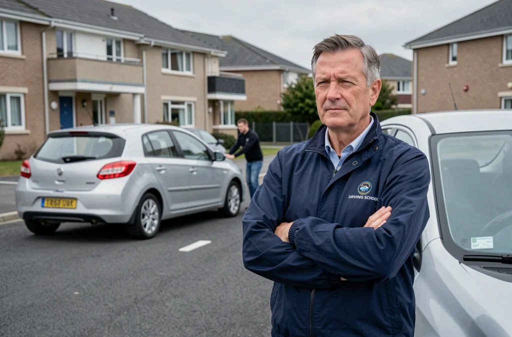 Moniteur de l'auto-école CFR Pordic observant un élève réaliser une manœuvre en zone suburbaine