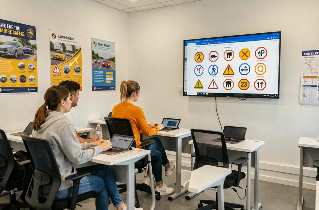 Groupe d'élèves en cours de code de la route au CFR Saint-Brieuc devant un écran de formation
