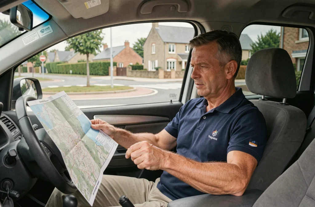 Moniteur d'auto-école CFR Trégueux assis côté passager avec une carte de route dans un véhicule double commande